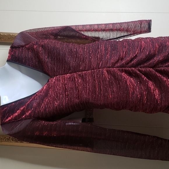 Guess Metallic V Neck Long Sheer Sleeve Ruched Knit Mini Dress - Picture 8 of 10